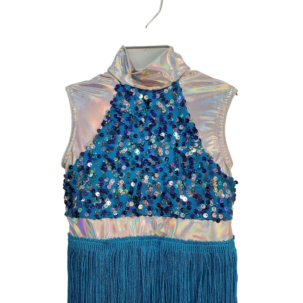 A Wish Come True‎ Sequin Fringe Dance Costume Iridescent Silver Blue Kids Sz XSC